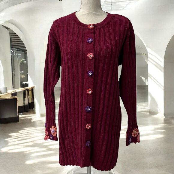 Vintage Storybook Knits Ribbed Cardigan Sweater With Floral Crochet Details 1X - Picture 1 of 7